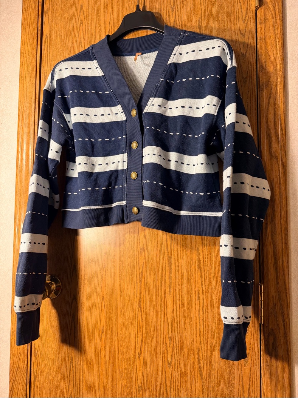 Free People Grace Navy and White Cropped Striped Button Cardigan